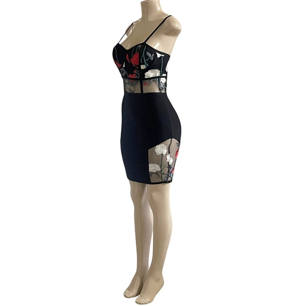 Floral Embroidered Bustier Bodycon Bandage Dress with Sheer Mesh Panels - Size M - Picture 7 of 9